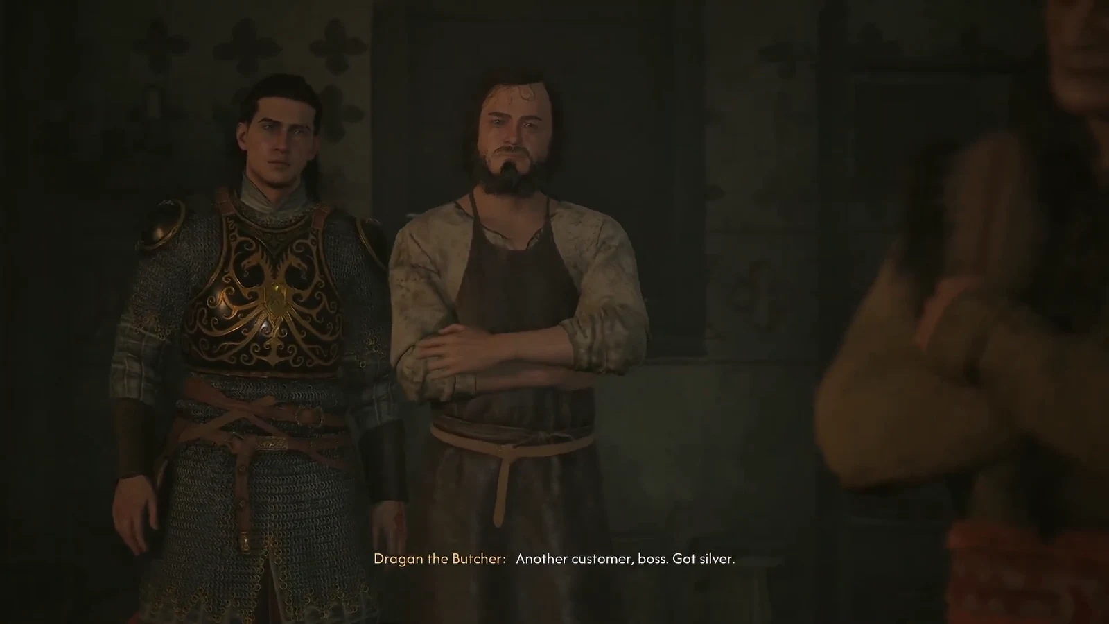Cutscene with the butcher telling his boss another customer has silver