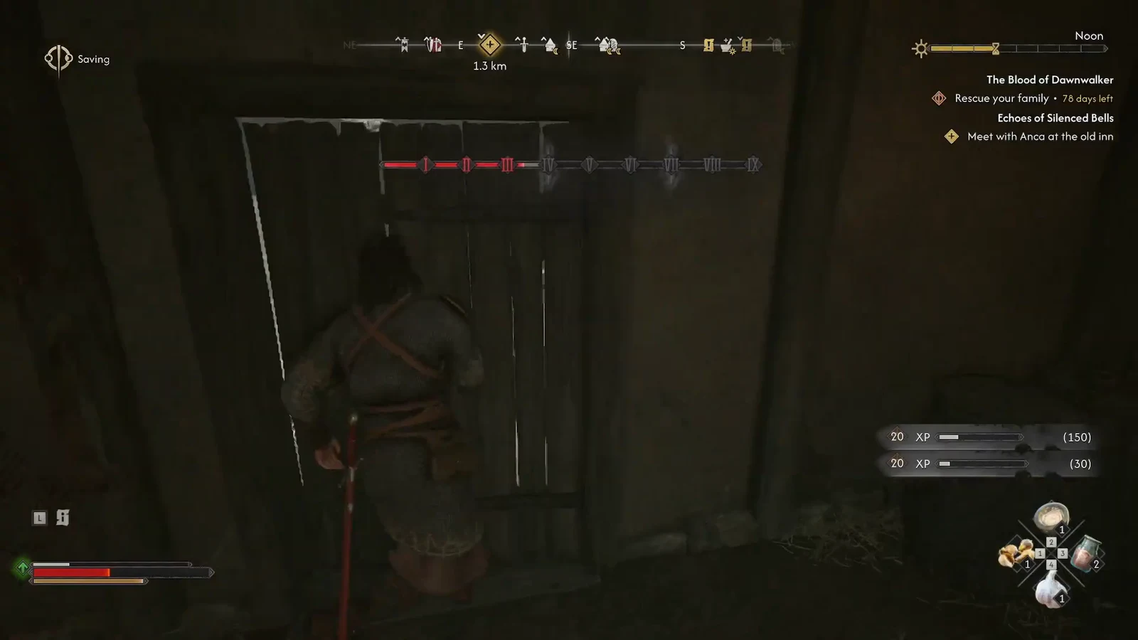 Quest tracker on screen while walking toward a wooden door on the way out of the city