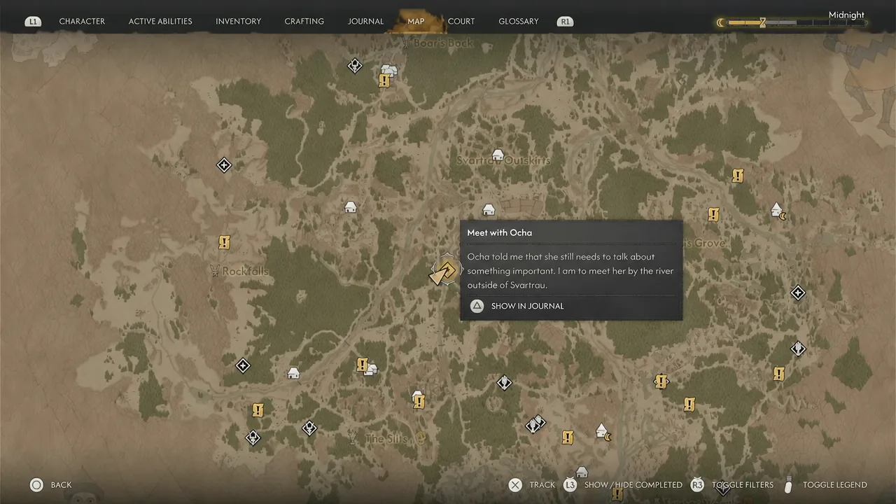 Map screen with the Meet with Ocha quest selected before the river conversation
