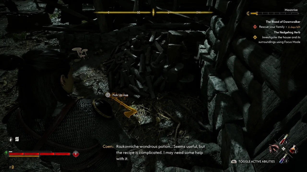 The Pick Up Axe prompt on screen next to the axe outside the hut