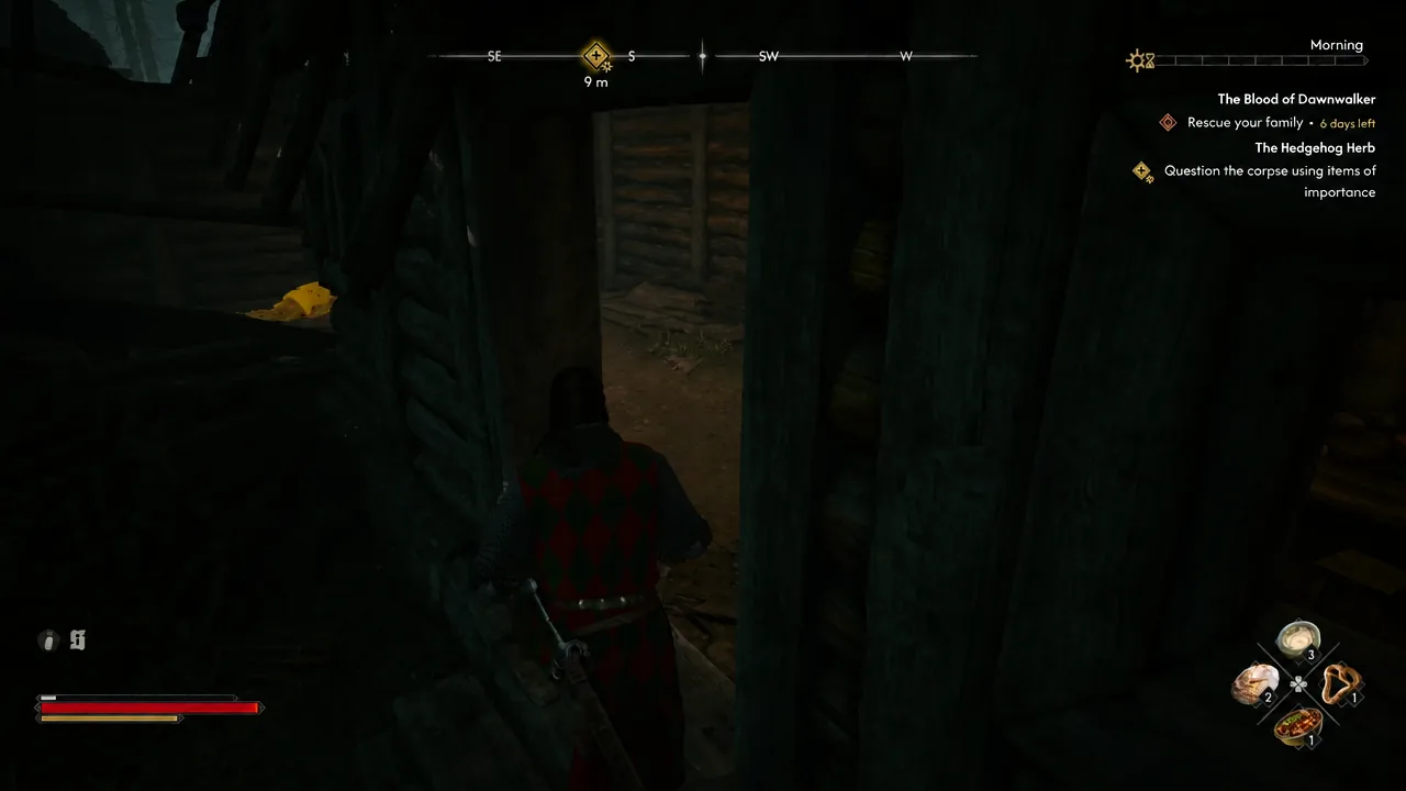 Coen walking through the hut's wooden doorway toward the objective marker