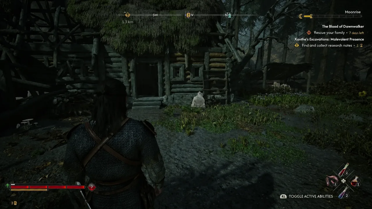 Coen standing outside the ruined Oghasti cabin with the quest tracker on screen
