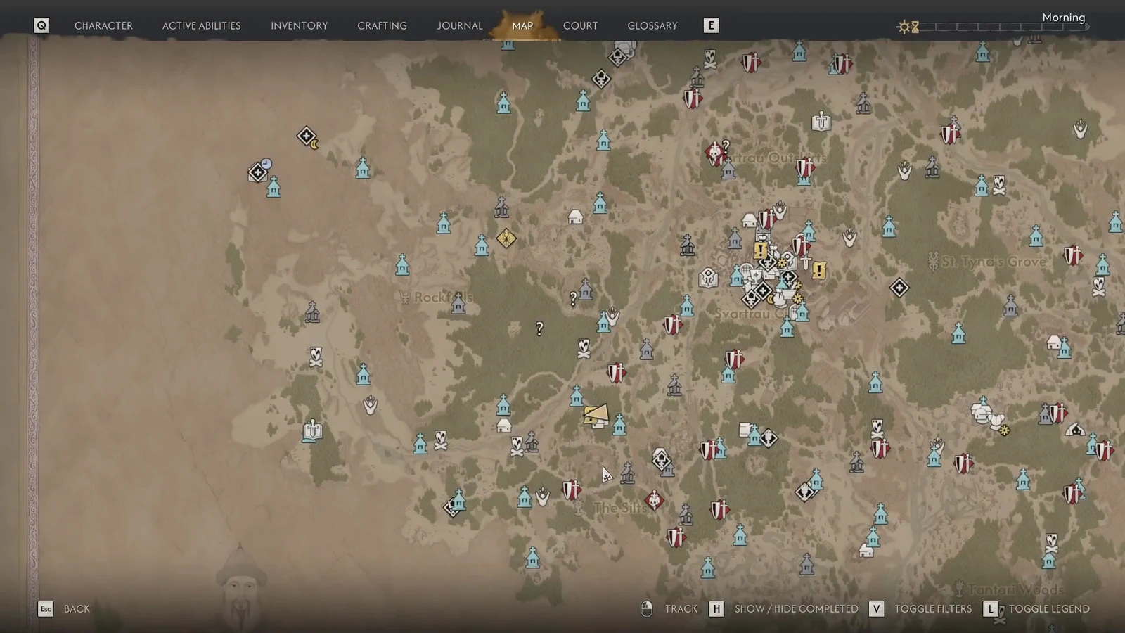 World map screen open with location markers while choosing a fast travel destination