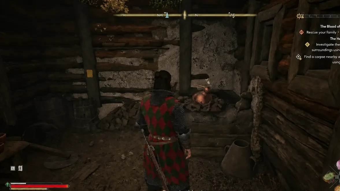 Coen searching the hut's surroundings with the objective to find a nearby corpse on screen