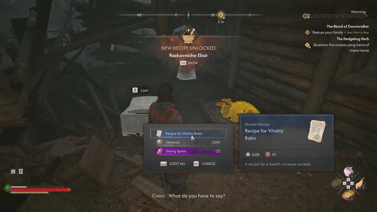 Loot menu highlighting the Recipe for Vitality Balm with its ingredient list