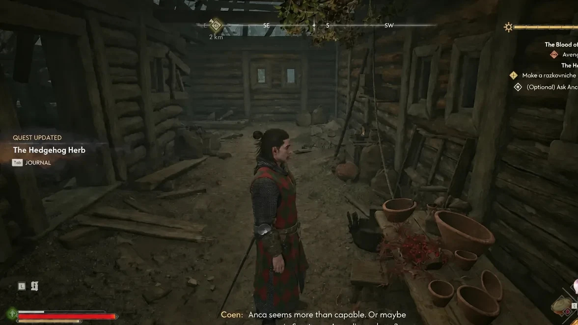 The Hedgehog Herb quest update appears as Coen stands inside the ruined cabin