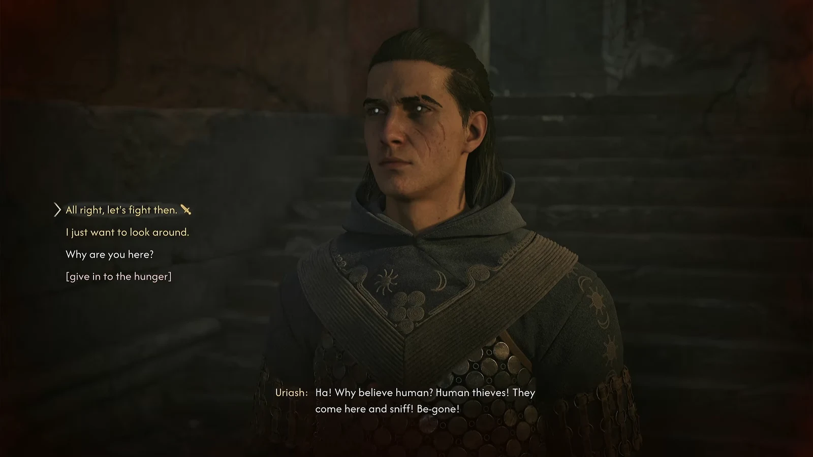 Dialogue wheel with the option to start a fight with Uriash highlighted instead of the peaceful reply