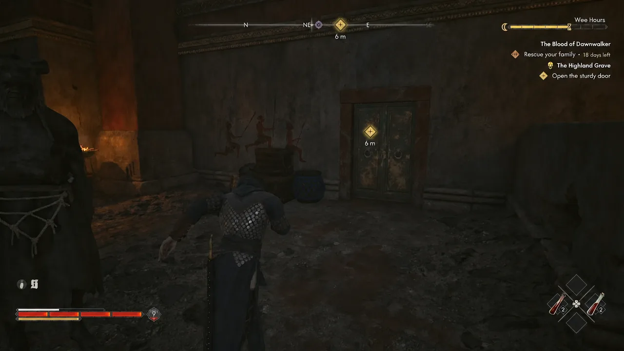 Quest tracker showing the Open the sturdy door objective a few metres from the marked stone door