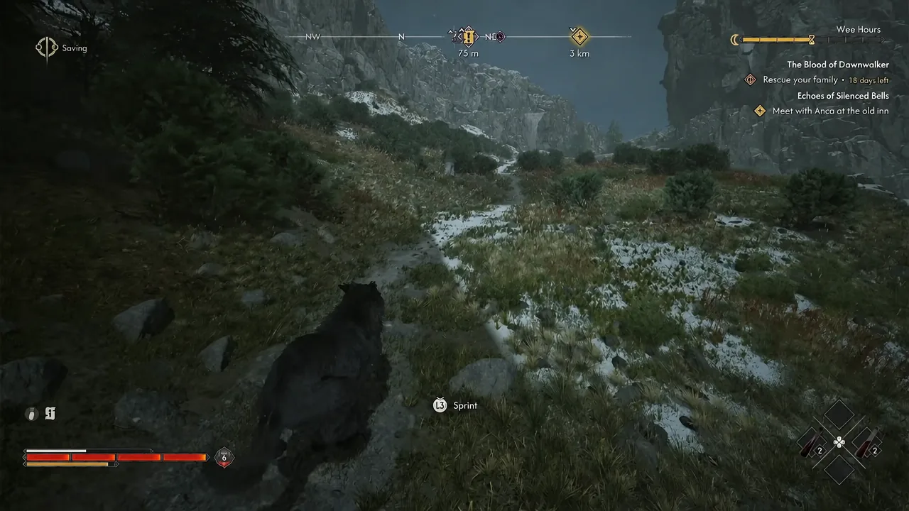 Coen sprinting along a snowy mountain road with the L3 sprint prompt shown on screen