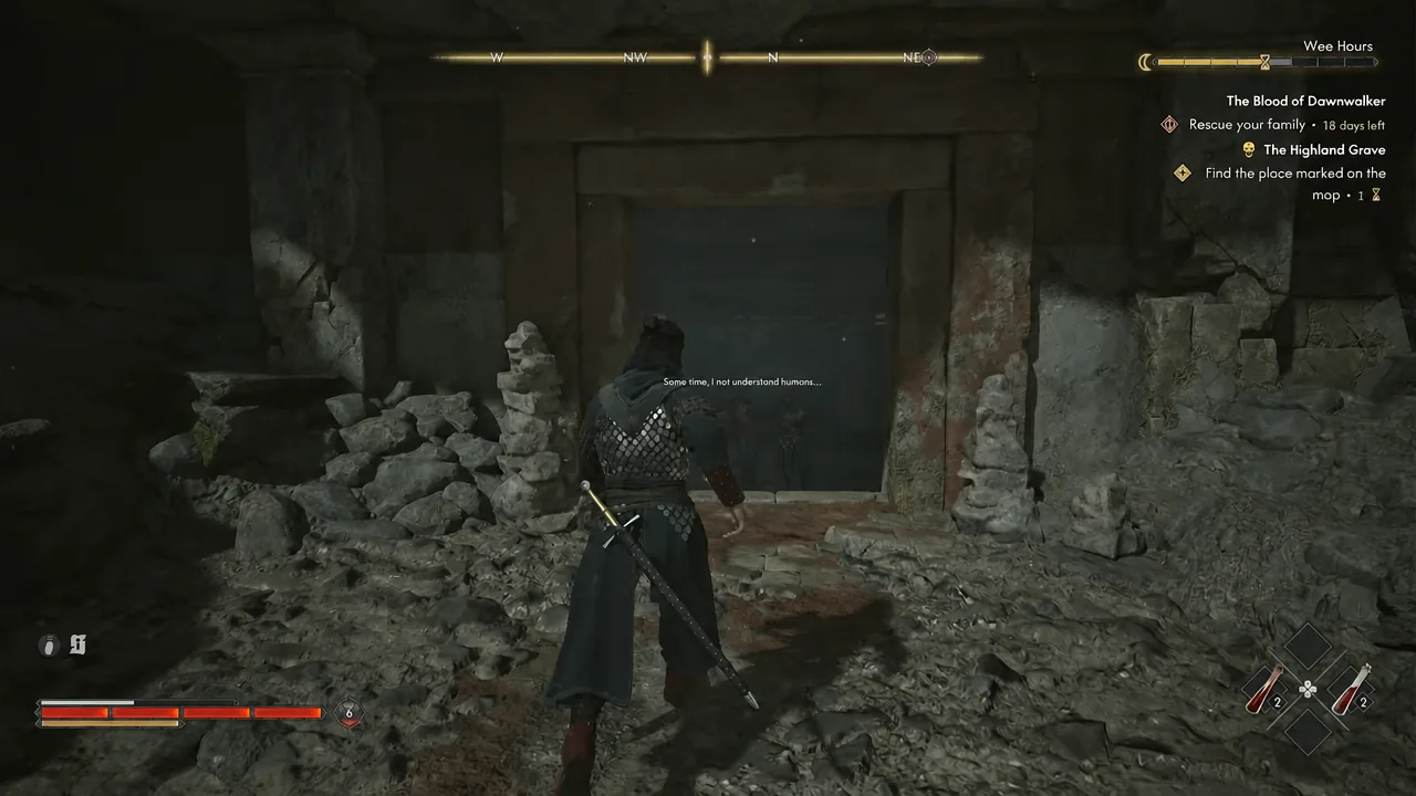 Coen standing in front of the dark stone entrance to the Highland Grave ruins with the quest tracker on screen