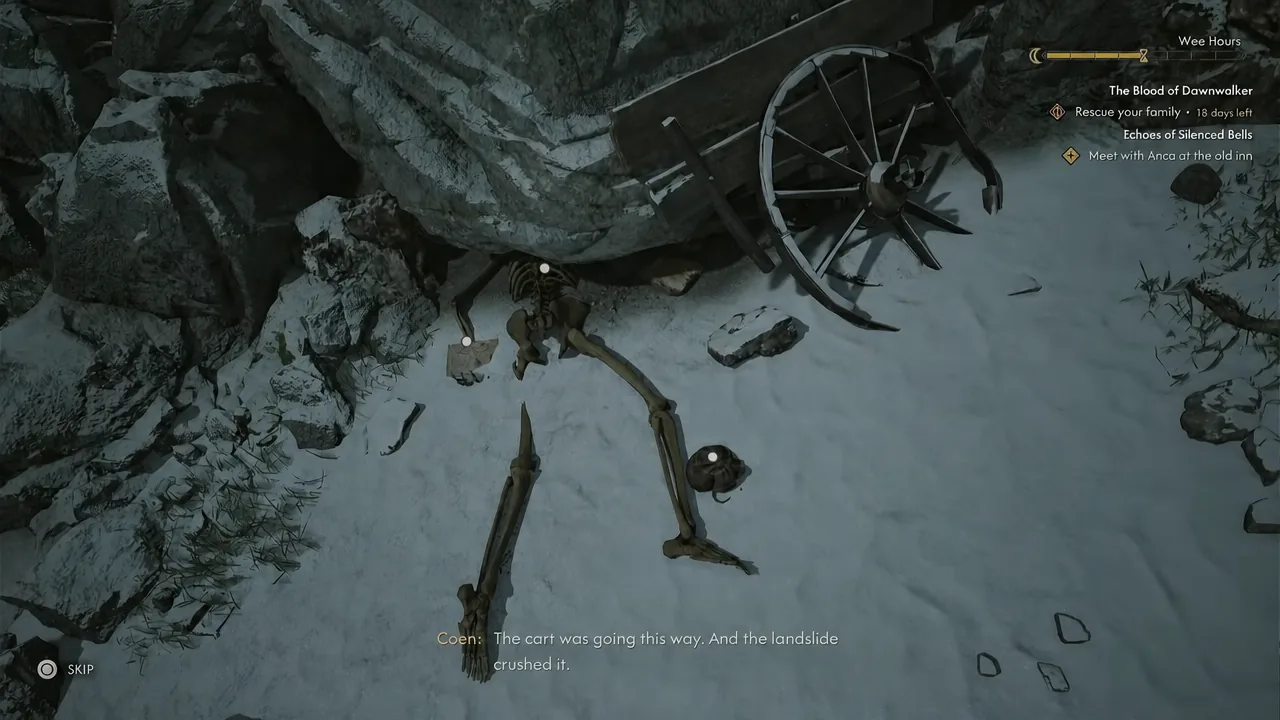 A skeleton pinned beneath a collapsed cart on the roadside as Coen examines the landslide