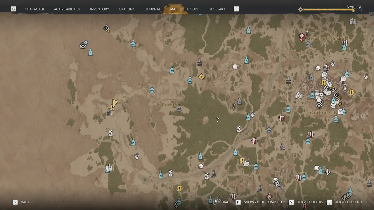 World map screen in The Blood of Dawnwalker with the MAP tab open on the Rockfalls area