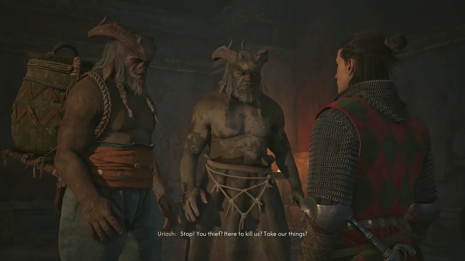 Cutscene of Coen facing two horned Uriashi guards who accuse him of coming to steal