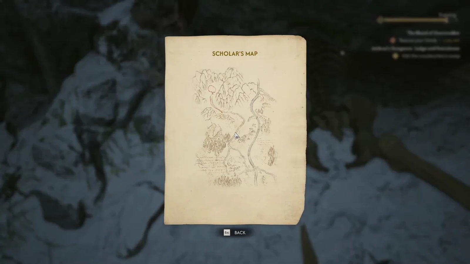 The Scholar's Map parchment shown full screen with a Back prompt at the bottom