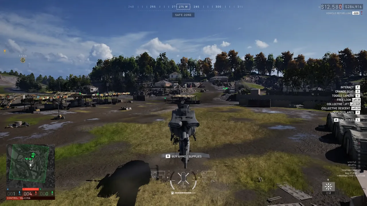 Safe zone view with the buy ammo and supplies prompt on screen next to a parked motorcycle