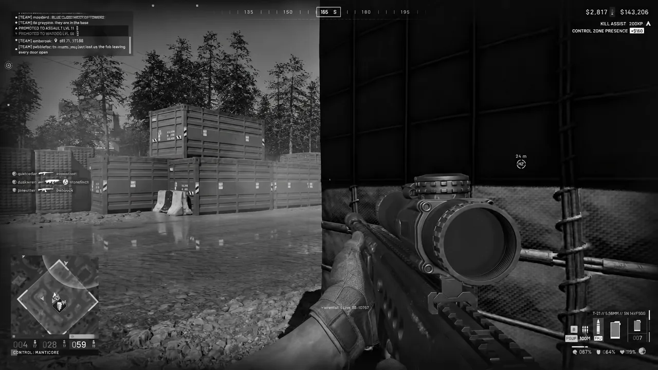 Scoped rifle held on a row of stacked shipping containers during a zone fight