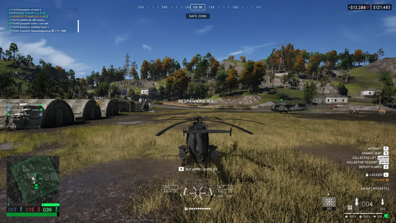 AH-6R helicopter parked in the safe zone with a respawn countdown on screen