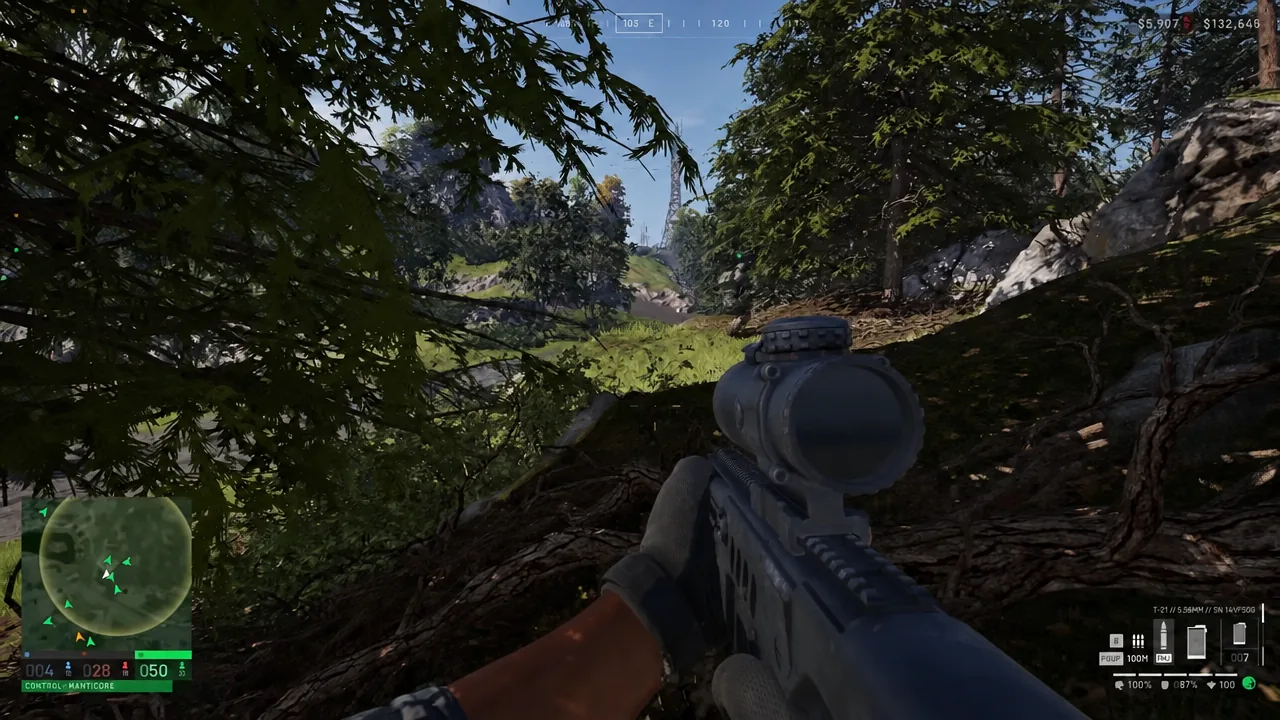 First-person view moving through forest cover with the compass, minimap and ammo counter visible