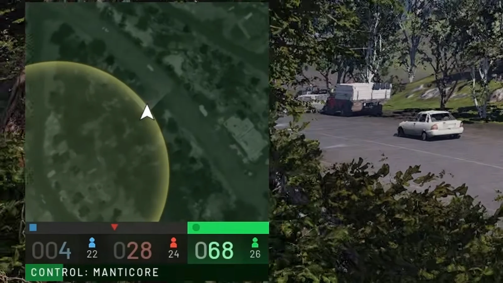 HUD control readout showing Manticore holding the objective with a 68 to 28 point lead