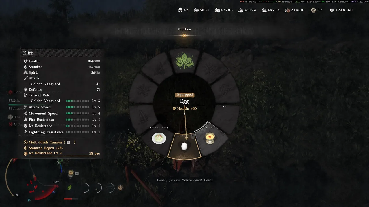 Function menu in Crimson Desert with the Egg item highlighted for selection