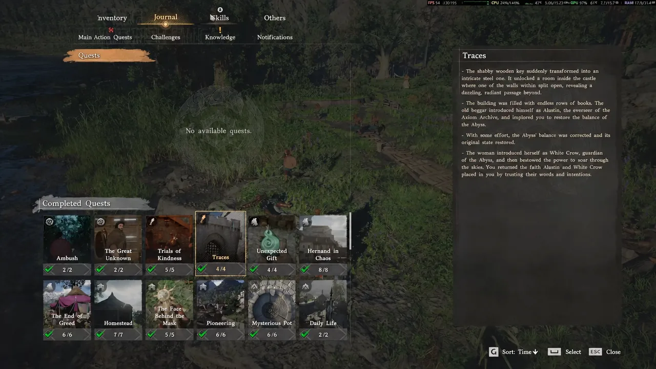 Crimson Desert Journal on the Quests tab with a completed quest selected and its details shown