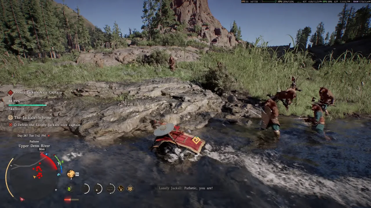 Kliff fighting Lonely Jackals in the river with the objective to defeat the vice captain on screen