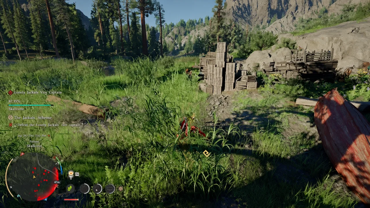 Crimson Desert HUD showing The Jackals' Scheme objective as Kliff approaches the marked area at Skallcove