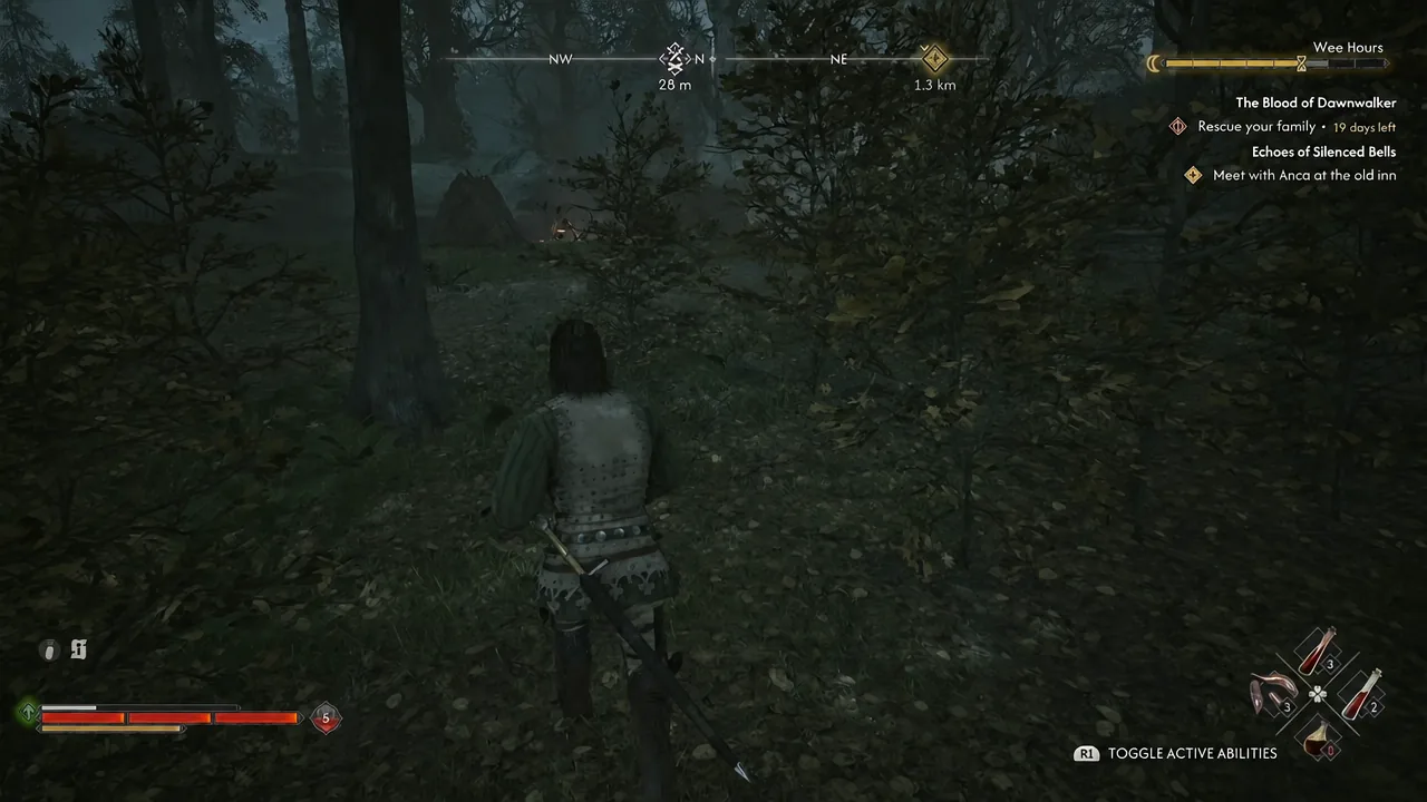 Character crossing the forest toward the quest objective with the compass marker active