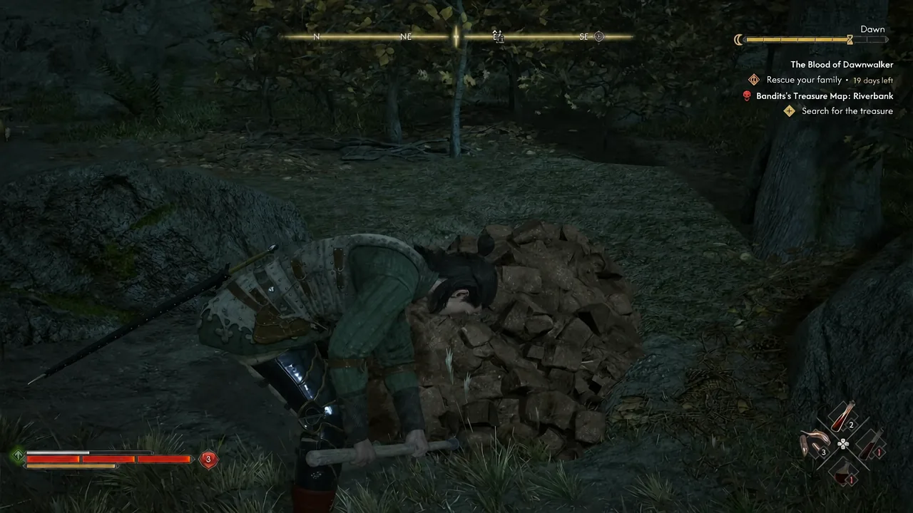 Character digging at the rubble pile with the treasure search objective on screen