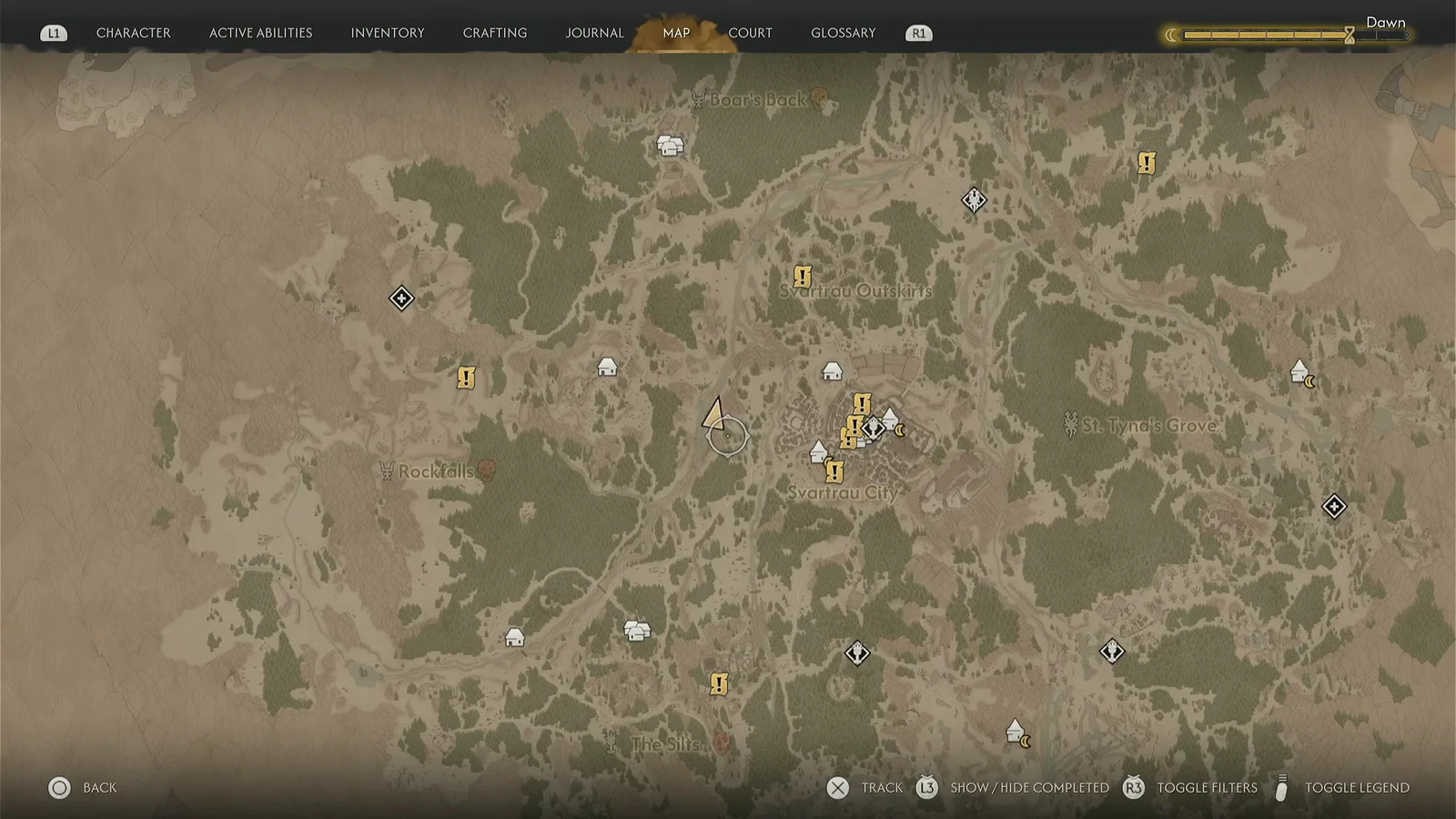 World map open and centered near Svartrau City with several quest markers visible