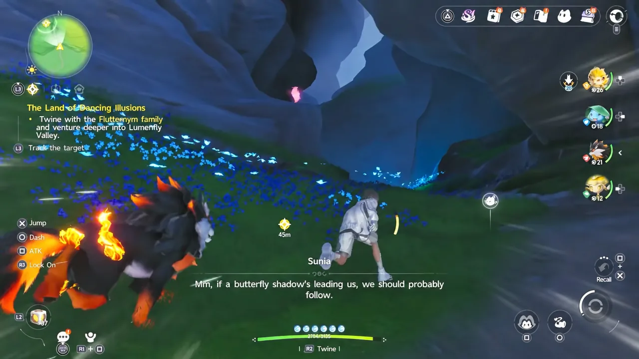 Quest screen highlighting Twine as the player transforms to follow Sunia deeper into the valley