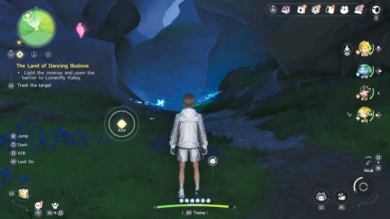 Quest tracker pointing toward the incense and barrier at the Lumenfly Valley entrance
