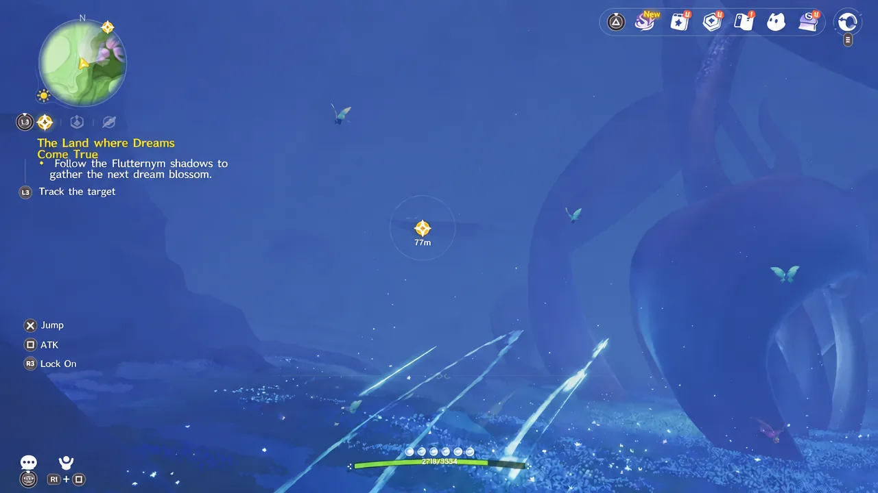Objective marker at 77 meters guiding the player to follow the Flutternym shadows toward the next dream blossom