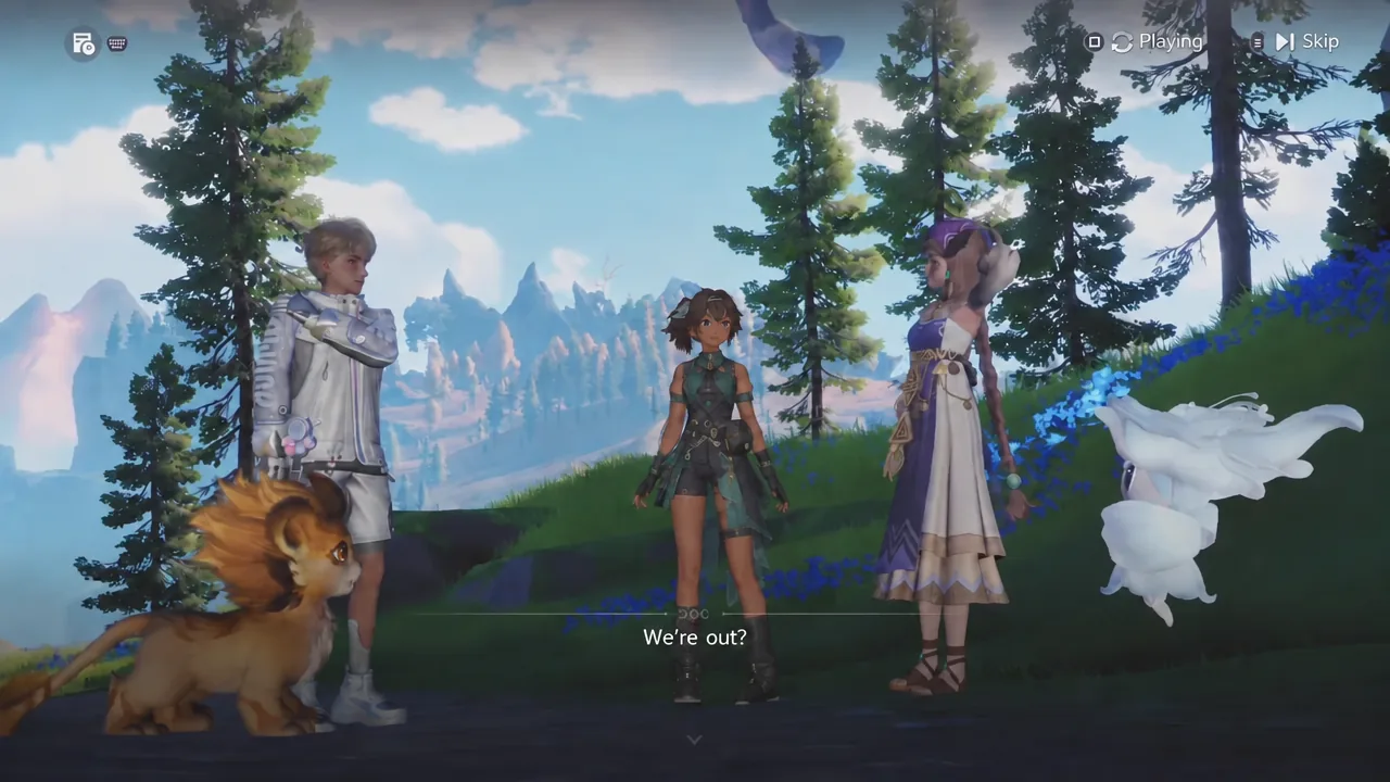 Dialogue cutscene playing with a Skip button visible on the Playing screen after the boss fight