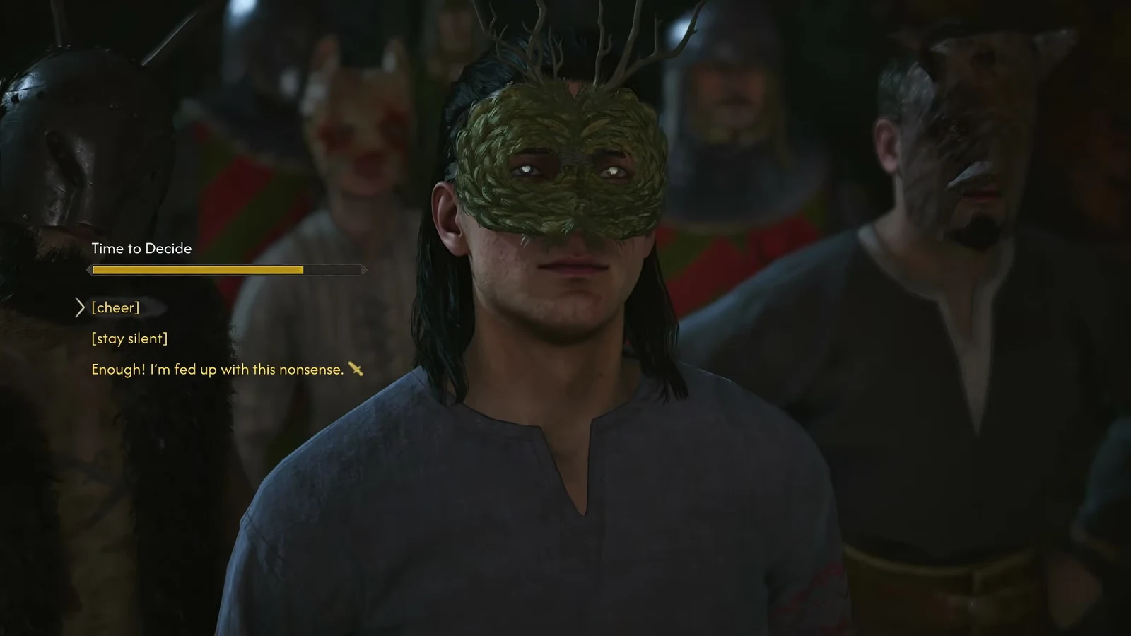 Timed dialogue wheel during Bakir's speech with the cheer option highlighted