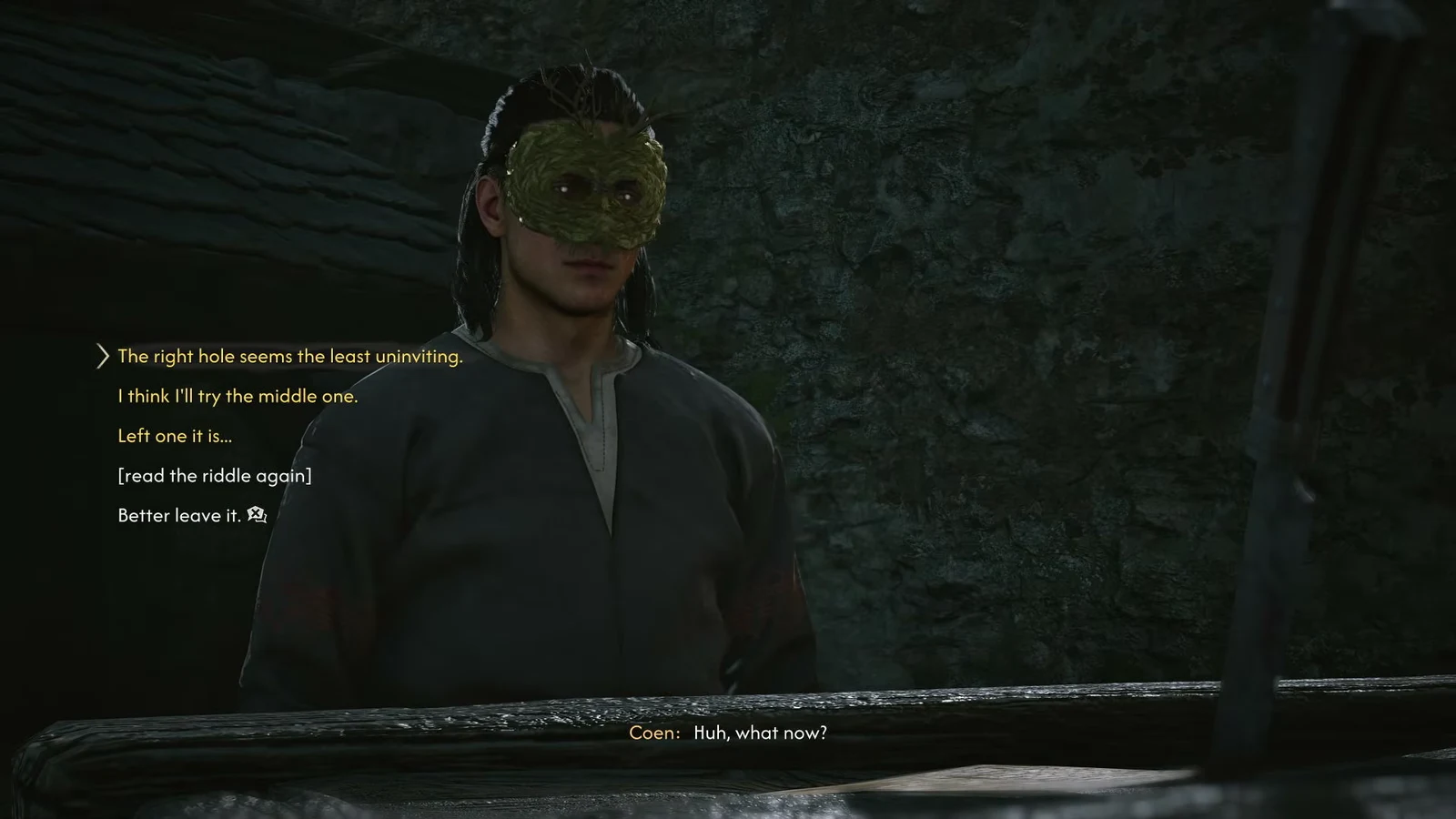 Riddle dialogue options at the portcullis listing the right, middle and left holes