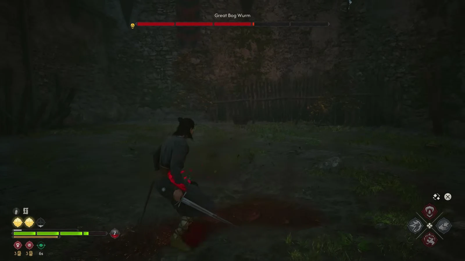 Sword combat against the Great Bog Wurm with its health bar partly depleted
