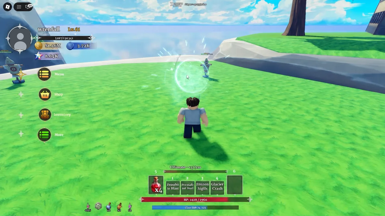 Player character striking a nearby enemy with a bright skill effect, hotbar visible at the bottom