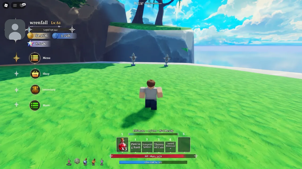 Player character walking toward two pedestals in a grassy training arena with the menu button on the left