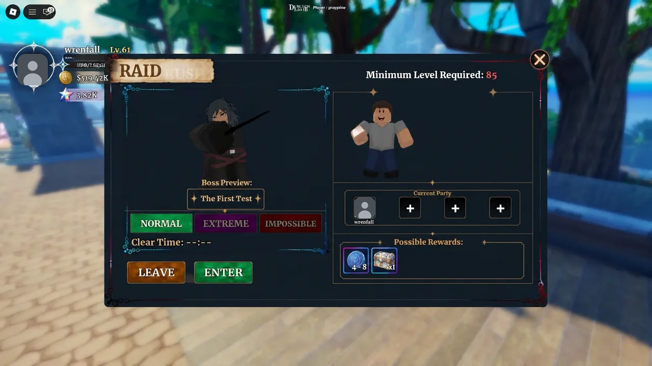Raid selection screen with Normal difficulty chosen for The First Test and the Enter button highlighted