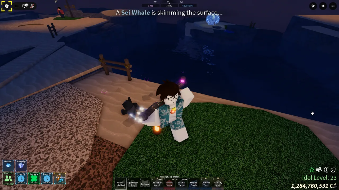 Sei Whale surface notification appearing while the player stands at the Skycrest shoreline