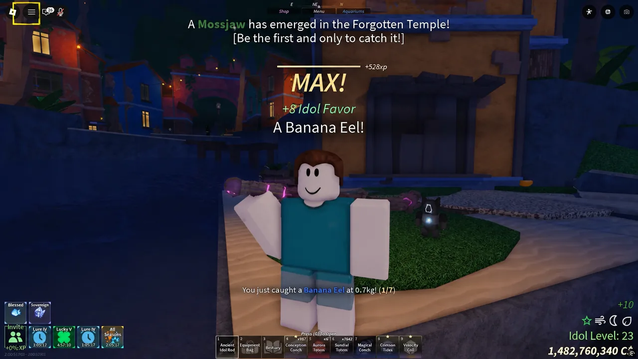 Banana Eel catch confirmation banner while fishing at the Forgotten Temple