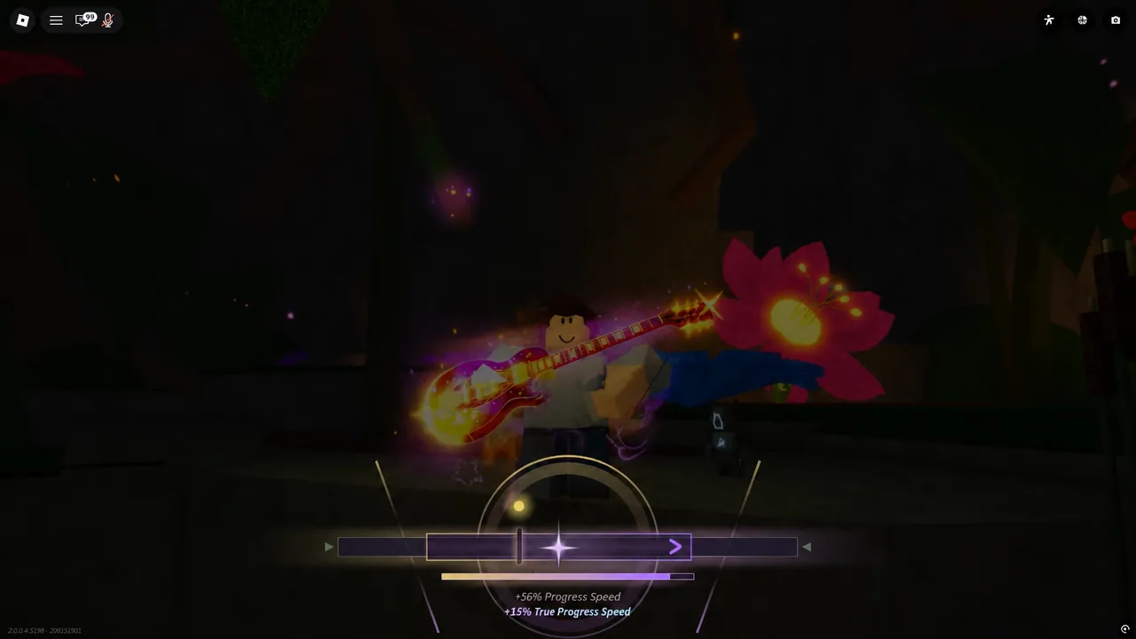 Gameplay screen with a highlighted timing bar and a glowing guitar note during a fishing session