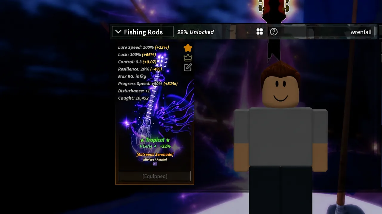 Fishing Rods menu showing the Astraeus Serenade equipped with its stat lines and unlock progress