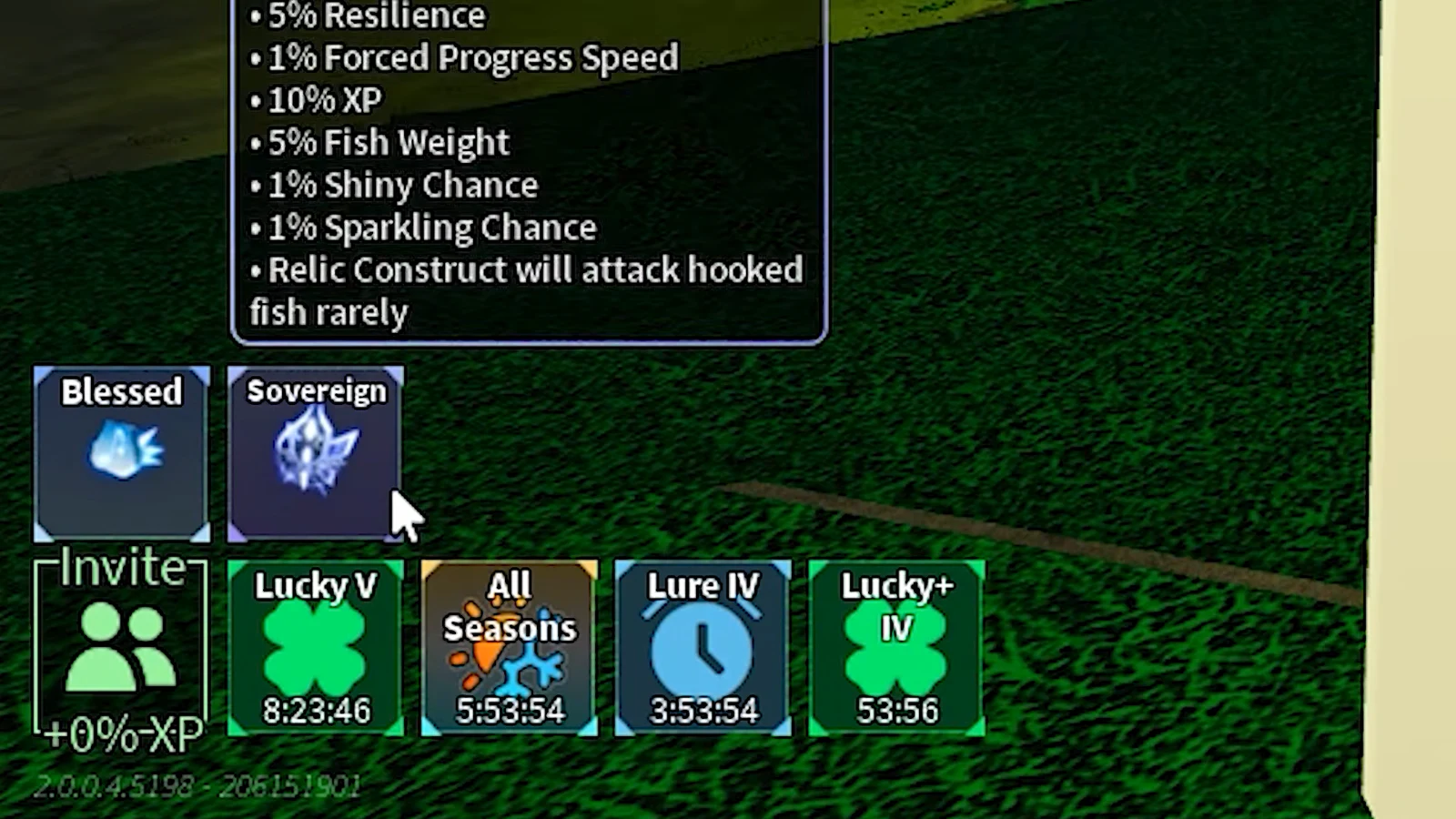 Sovereign relic tooltip listing resilience, forced progress speed, XP, fish weight and shiny chance bonuses