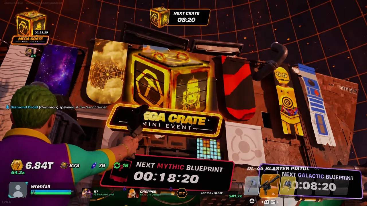 Player aiming at the central Mega Crate during the Mega Crate Mini Event with a Mythic Blueprint countdown running