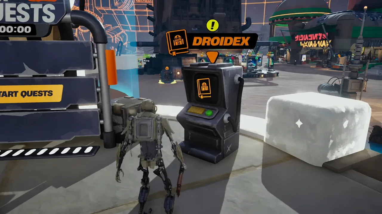 Droidex console with the interact prompt showing as a droid walks up to it