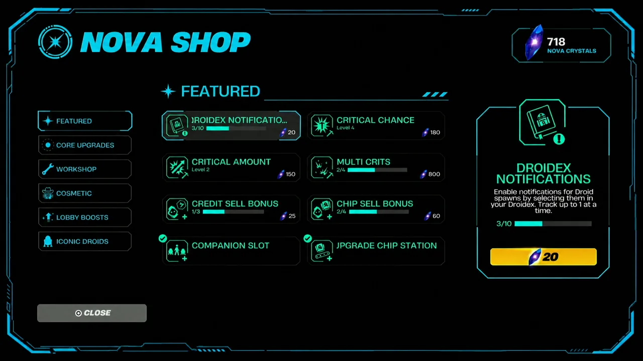 Nova Shop Featured tab with Droidex Notifications selected and its 20 Nova Crystal purchase button