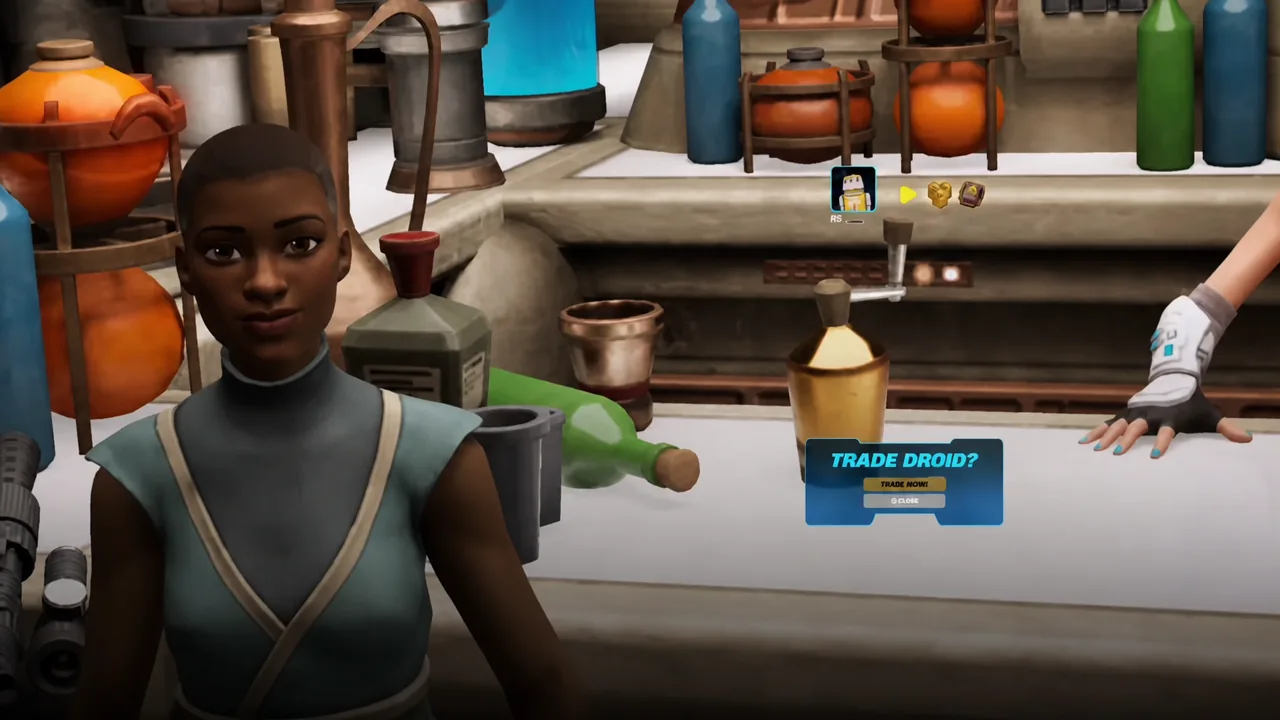 TRADE DROID confirmation prompt in the Cantina with TRADE NOW highlighted