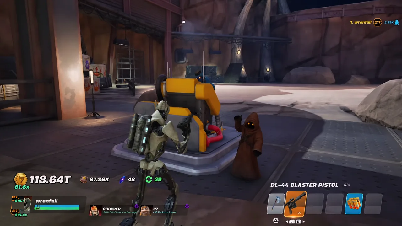 Player character stands beside a yellow interaction station holding the DL-44 Blaster Pistol